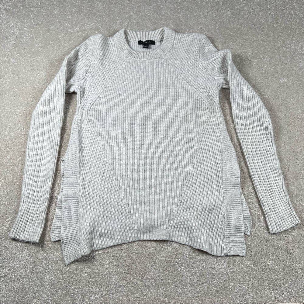 Ann Taylor‎ Wool Cashmere Sweater Gray Knit Side Slits Crew Women's Small